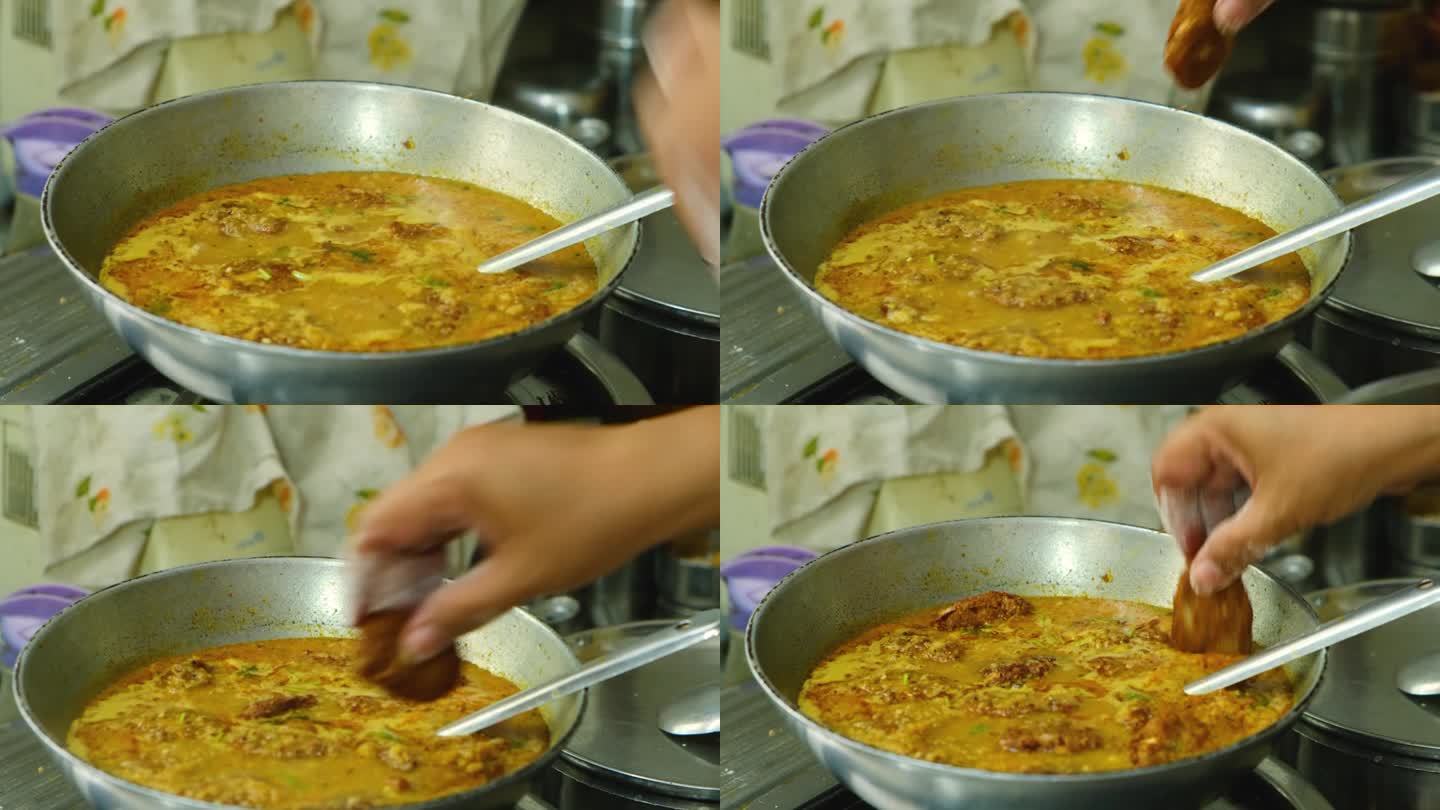 卡岱菜里的蔬菜咖喱咖喱，这是一种印度食物，4k镜头
