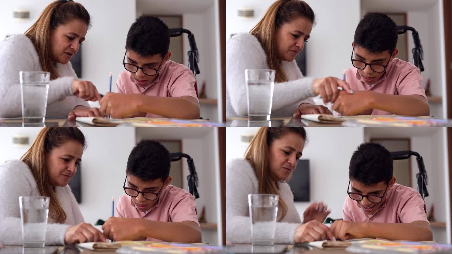 母亲和儿子拉在一起，帮助坐轮椅的儿子做家务。残疾青年和母亲一起做家务。