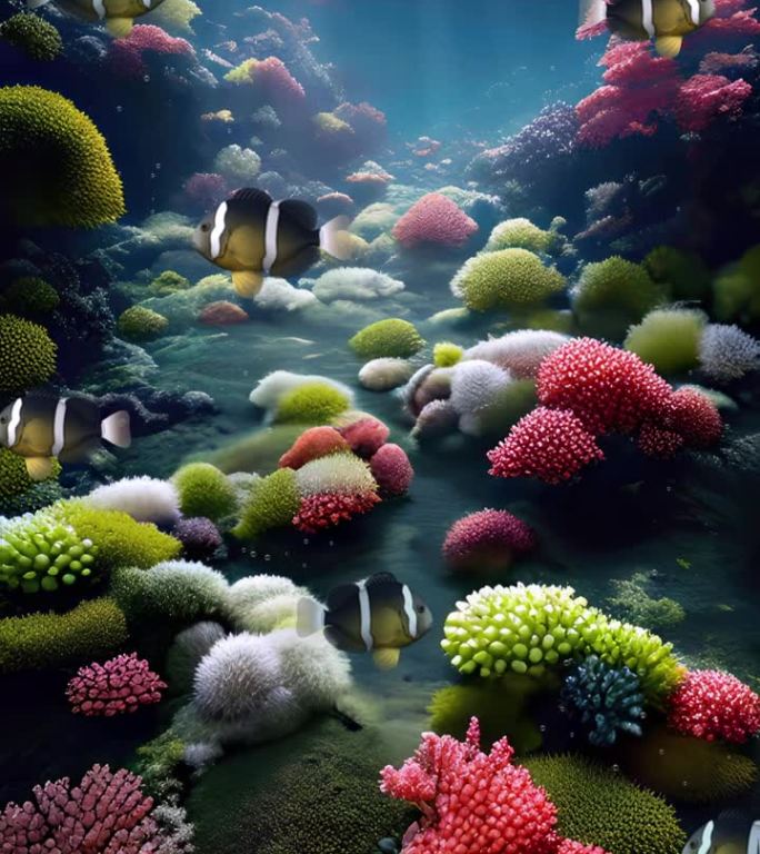 水下背景与小丑鱼学校在珊瑚礁