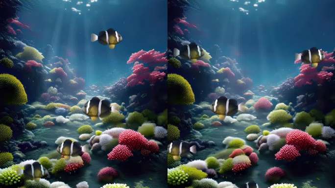 水下背景与小丑鱼学校在珊瑚礁