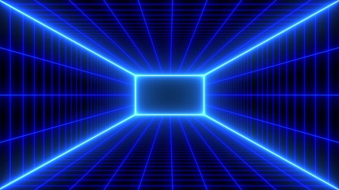 抽象的科幻网格，动态动画复古霓虹线框网镜头，发光的线条和灯光。网络技术，蓝色数字背景