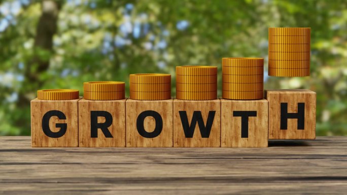 企业成功，成长，成长，成长的概念。木质立方体块与字增长和金币。4k 3d动画