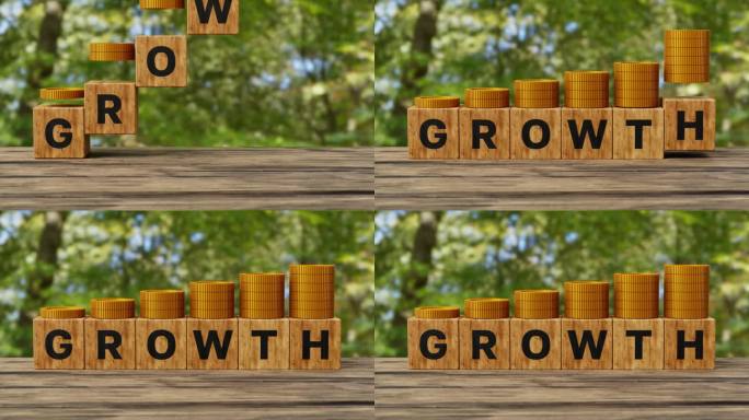 企业成功，成长，成长，成长的概念。木质立方体块与字增长和金币。4k 3d动画