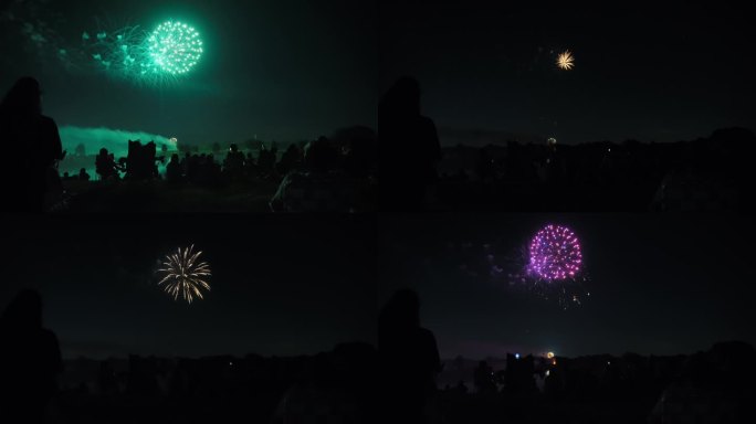 一群人在夜空中观看烟花的剪影，适合7月4日或新年庆祝活动