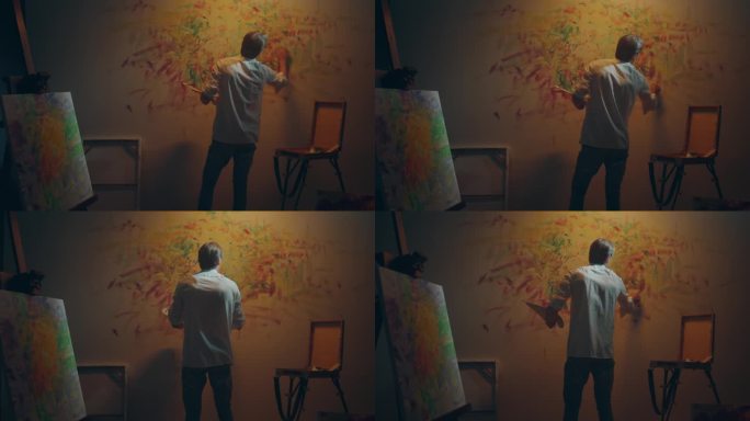 在大画室里，画家在墙上画新画，他手里拿着油画调色板，用手指作画
