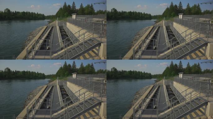 莱赫，巴伐利亚，德国。河中洄游产卵的鱼梯。大坝上的混凝土鱼梯，这样鱼可以继续逆流而上。鱼被认为是野生