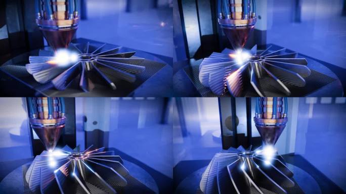 一台现代3D打印机正在打印一个金属涡轮机。机器零件制造的未来。延时视频