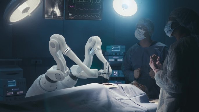 两名外科医生在未来医院观察高精度可编程自动机器人手臂为病人手术。机器人四肢进行先进的纳米手术，医生在