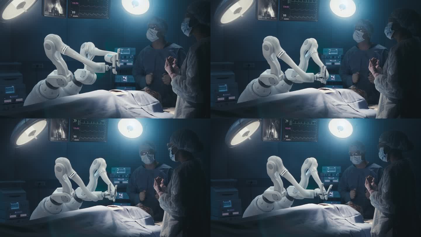 两名外科医生在未来医院观察高精度可编程自动机器人手臂为病人手术。机器人四肢进行先进的纳米手术，医生在