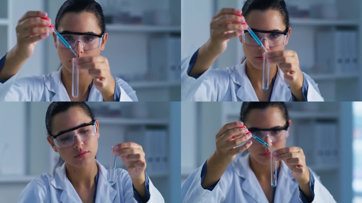 试管，用于医学分析、检查或实验室保健调查的研究和女科学家。重点，蓝色液体和科学的人，专家或医生与玻璃