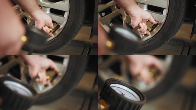 汽车维修厂的汽车胎压检查。在机械师手中给轮胎充气和检查气压计的细节。专业机械师正在汽车维修中心修理汽