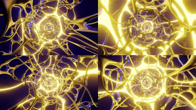 编织黄色有机金属纤维闪烁快节奏的音乐作为舞蹈背景3d渲染。Vj迪斯科循环动画Dj集或夜总会，节日，屏