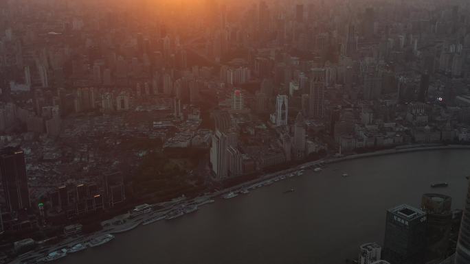 4K原素材-航拍金色霞光中的上海全景