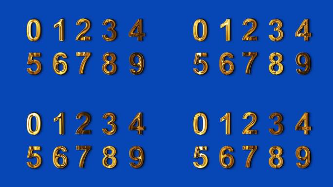3d金色金属数字设置在蓝屏上，豪华闪亮发光的字母，设计元素4k循环动画