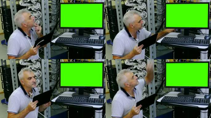 服务器室工程师连接网线(绿屏)
