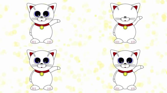 动画，卡通，视频，镜头，运动。猫的小雕像Maneki-neko挥舞着他的爪子，带来好运和财富