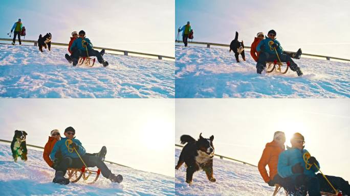 一对老年夫妇和一只狗在日落时分滑下雪坡玩得很开心