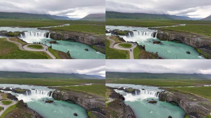 冰岛Skjalfandafljot河上的Godafoss瀑布鸟瞰图。史诗无人机拍摄山瀑布。慢镜头。