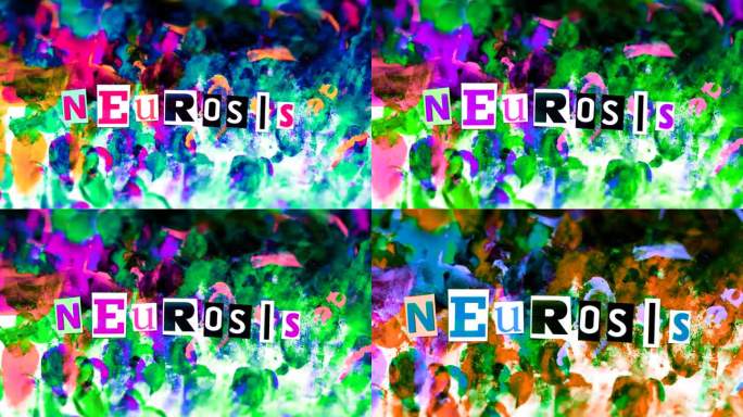 单词神经官能症从抽象笔画上的剪切字母明亮的彩色背景。变换颜色效果和抖动效果。标题，心理学名片。心理的