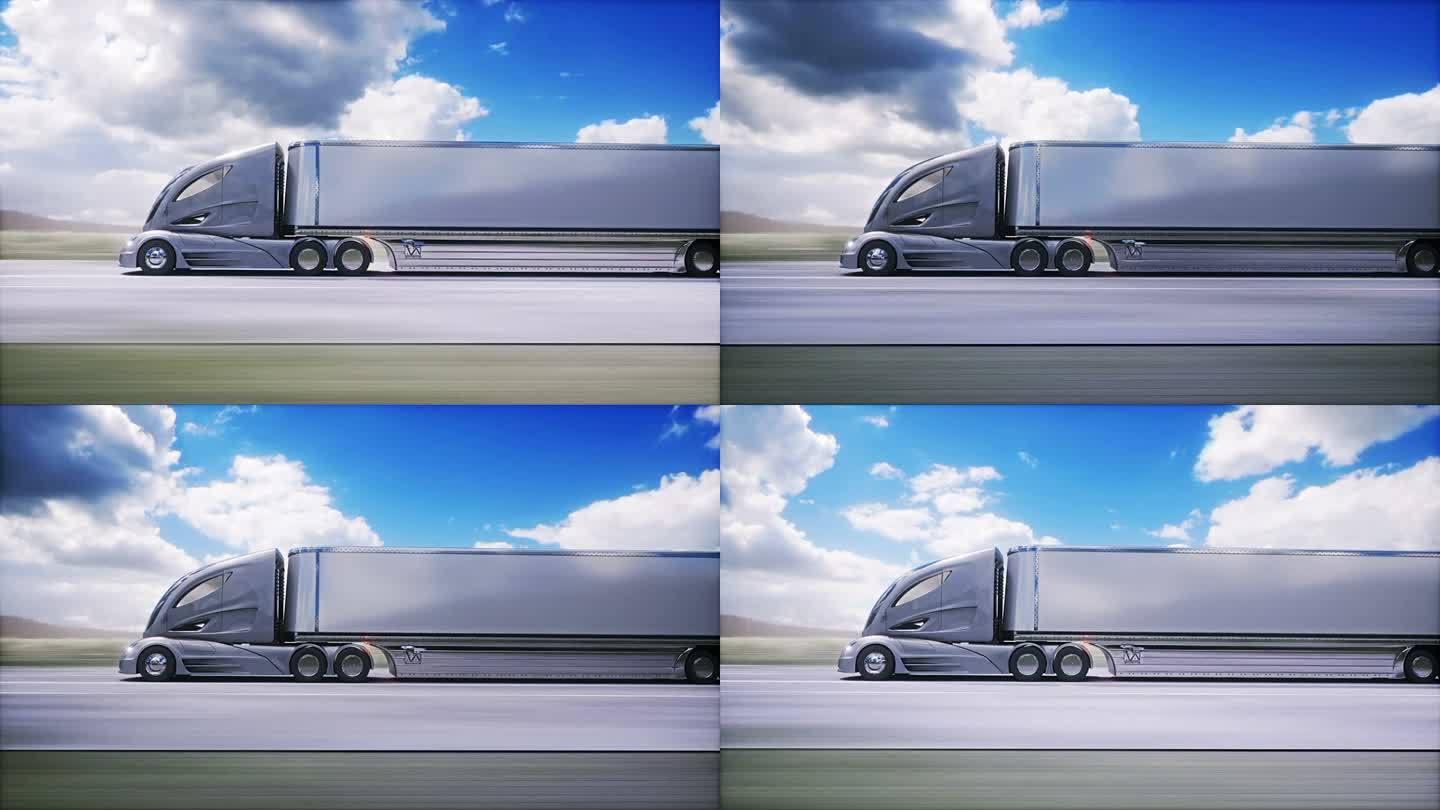 高速公路上的未来电动卡车。开得非常快。