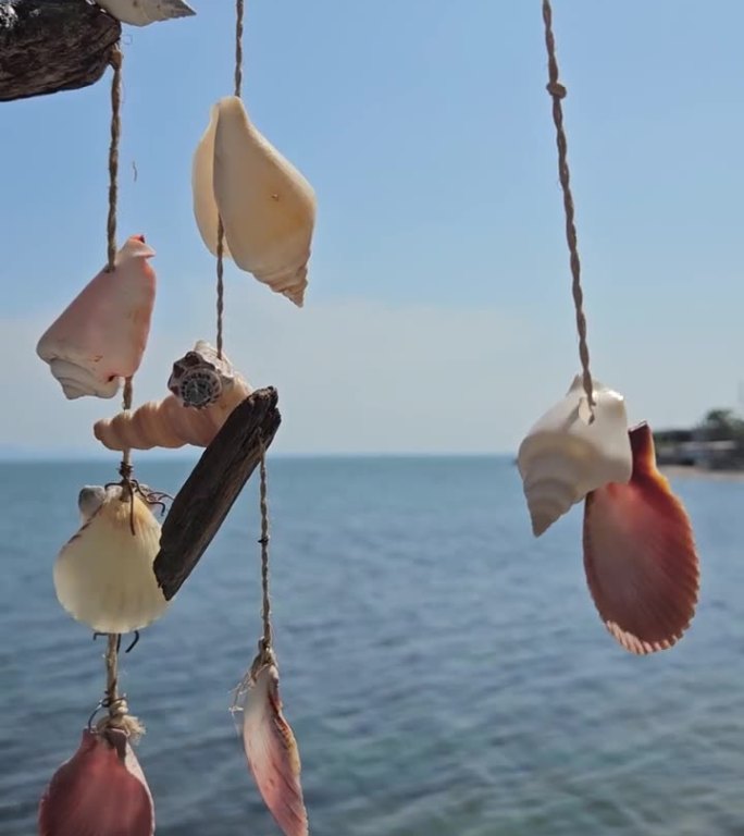 不同的贝壳和石头装饰在随风摇曳的丝线上，背景是海景