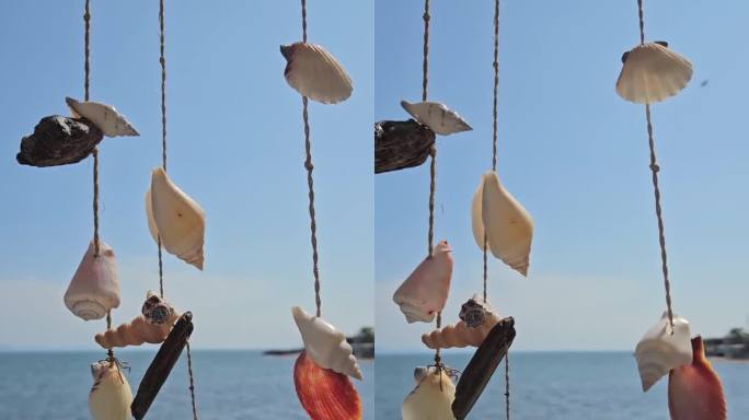 不同的贝壳和石头装饰在随风摇曳的丝线上，背景是海景