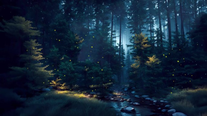 神奇的萤火虫在黑暗朦胧的夜晚森林里发光