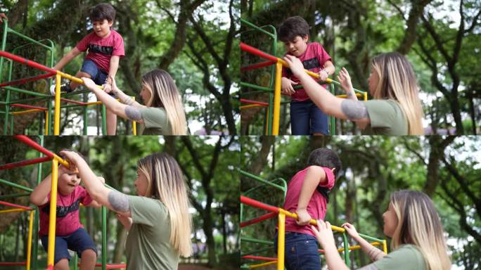 男孩在玩攀爬架，而他的妈妈在公园里玩耍