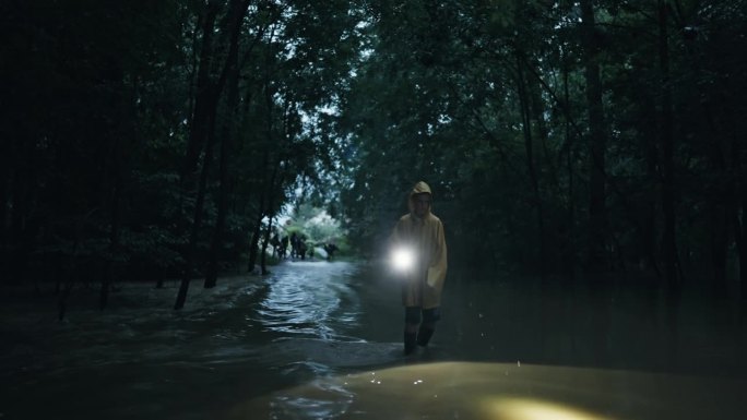 穿着雨衣的小男孩在雨季带着手电筒走在被水淹没的乡村道路上