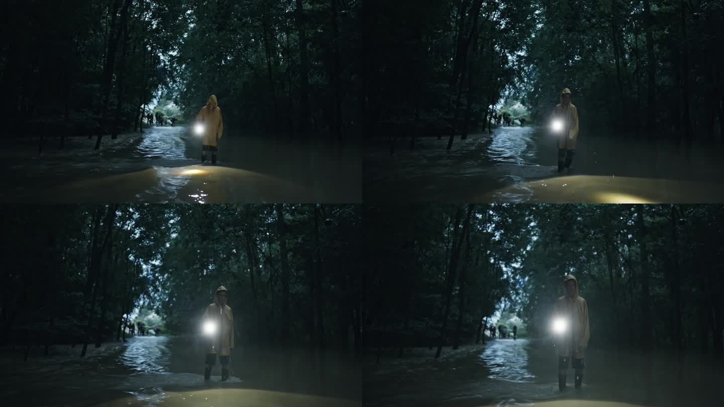 穿着雨衣的小男孩在雨季带着手电筒走在被水淹没的乡村道路上