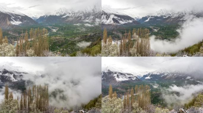 在巴基斯坦罕萨山谷的春天，喀喇昆仑山脉的雪山的雄伟景色的延时移动云雾日出场景