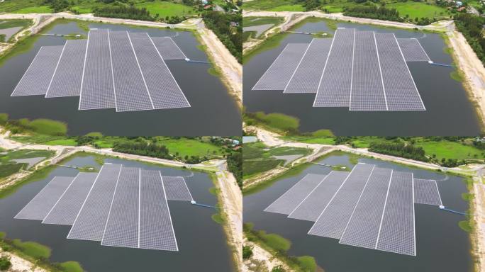 鸟瞰漂浮的太阳能电池发电厂，利用太阳能电池在湖面上发电