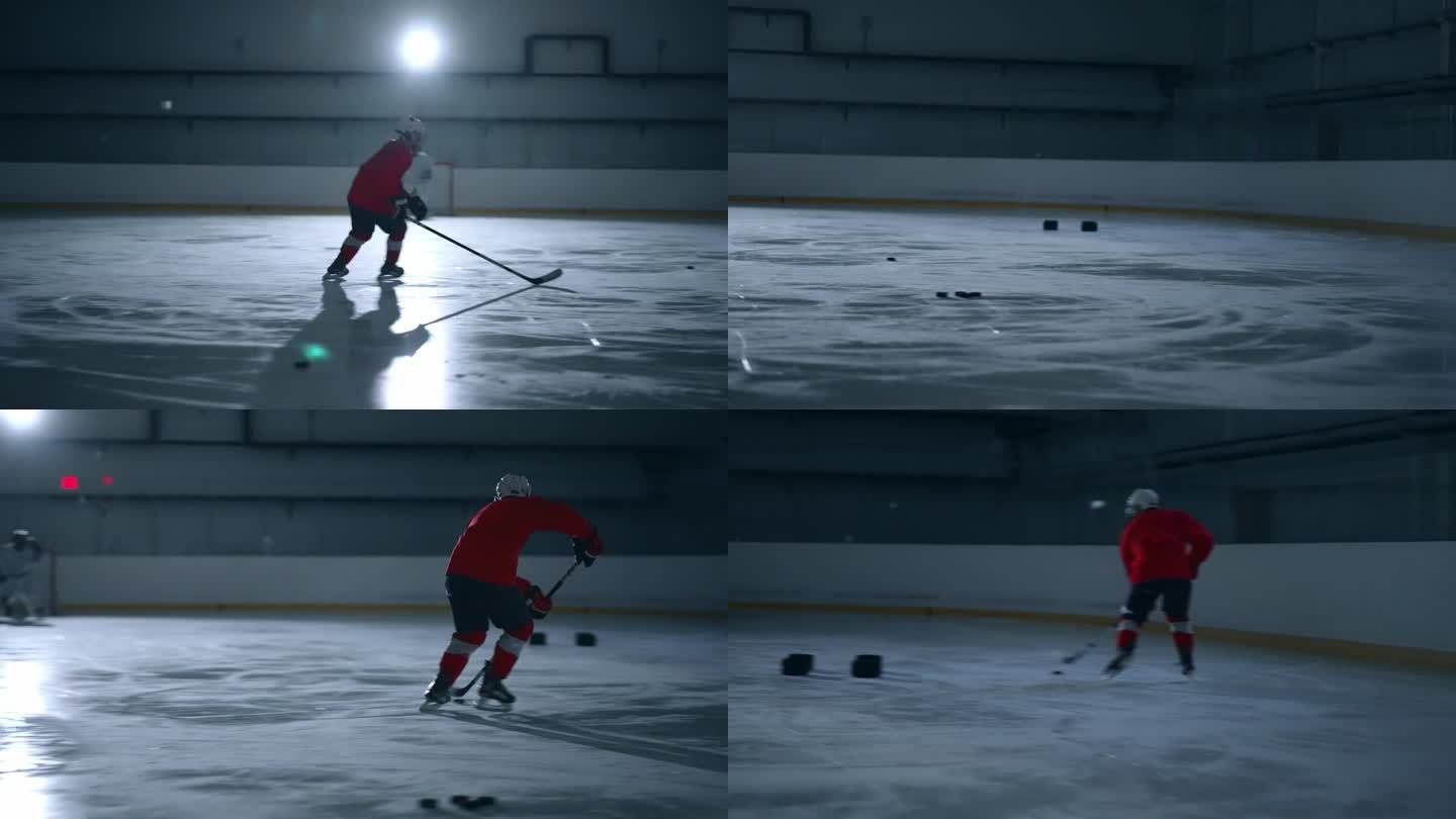 快速和动态的视频一个曲棍球运动员在红色球衣展示他令人印象深刻的技术和进球轻松