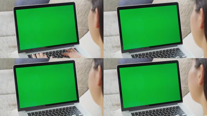 一位匿名女性在舒适的家中工作，使用带有绿屏模拟显示的笔记本电脑无缝管理任务和项目