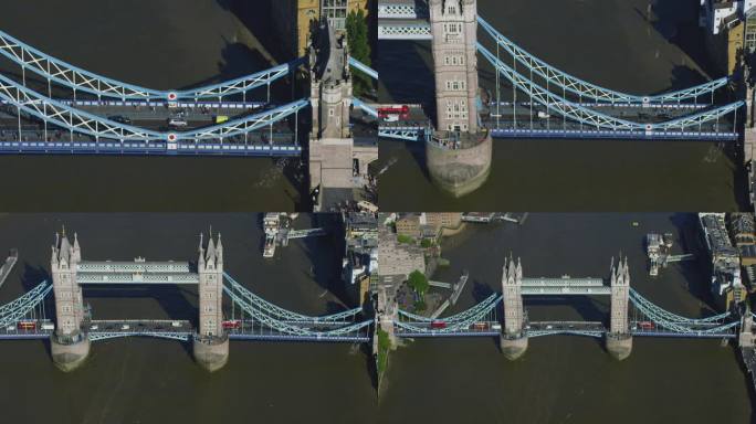 俯瞰泰晤士河上的伦敦塔桥，这是伦敦的标志性标志。通勤者和过往的车辆。用红色武器8K拍摄。