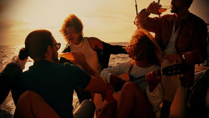 日落时分，朋友们在游艇上喝啤酒，女人在弹吉他