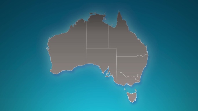 澳大利亚国家地图与放大在现实的云飞过。相机在澳大利亚地图上放大天空效果。背景适合公司介绍，旅游，演讲