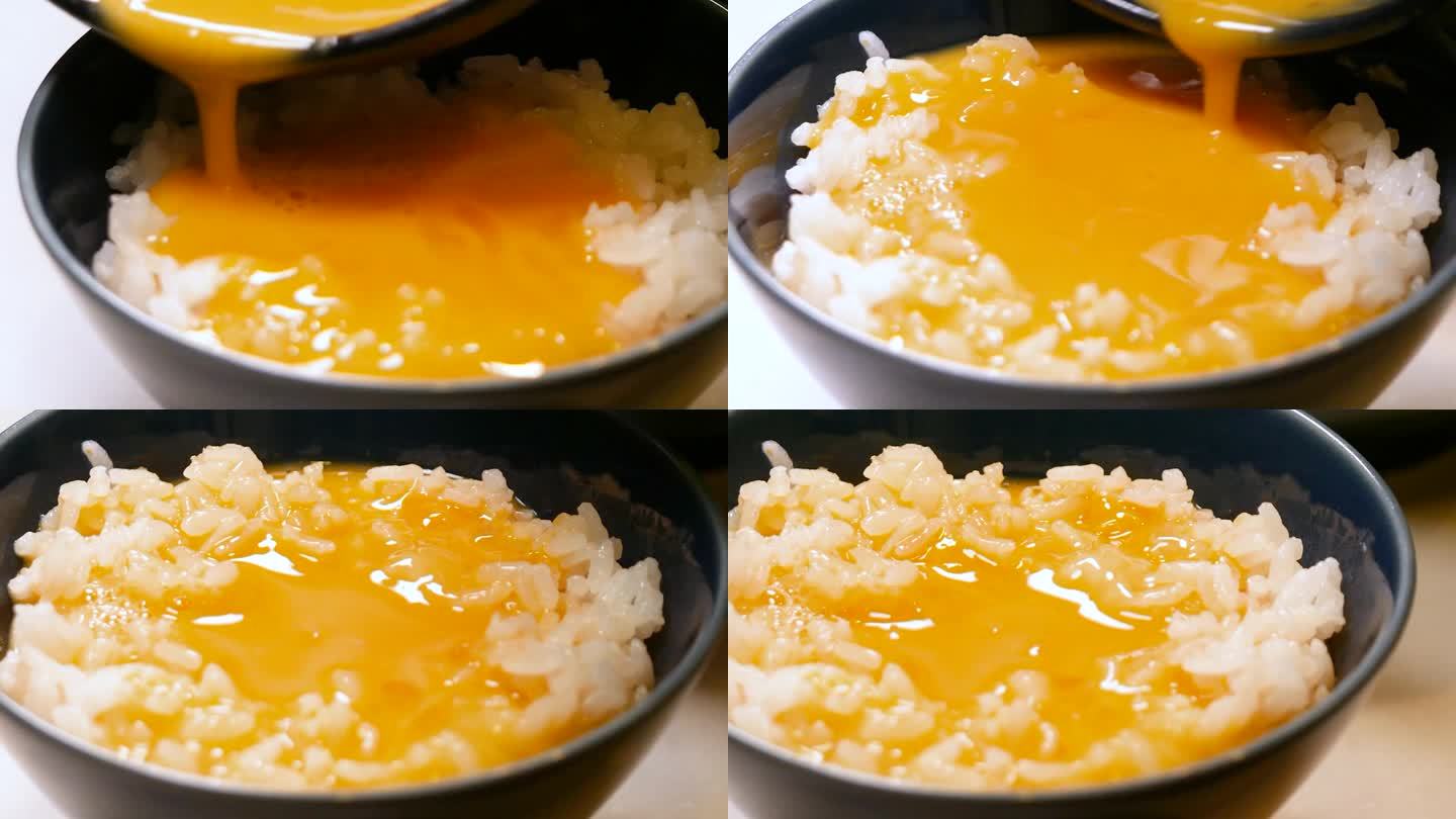 白米饭加生鸡蛋。一个把生鸡蛋放在新鲜煮熟的米饭上的视频。从左到右。