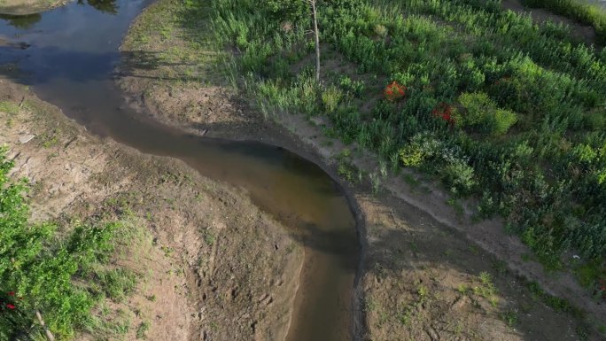 有池塘的蜿蜒溪流。人们将之字形的更新取消改良，采取措施保持景观中的水分。池塘里有一棵溺死的树，周围是