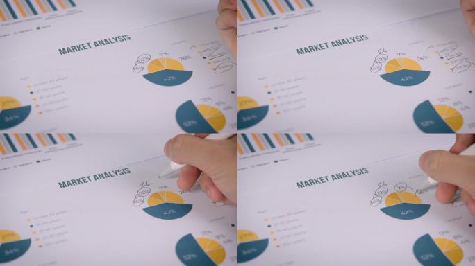 高视角的商人手分析营销图表在纸上。办公室的纸质利润支票的俯视图文书工作和财务成功。开发商业项目和信息