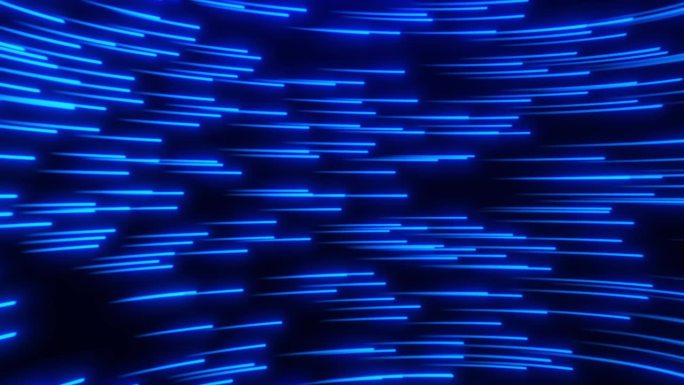 发光线动画、高速霓虹粒子流、大数据流、数字技术蓝色背景、移动光粒子、空间通信网络。无缝循环