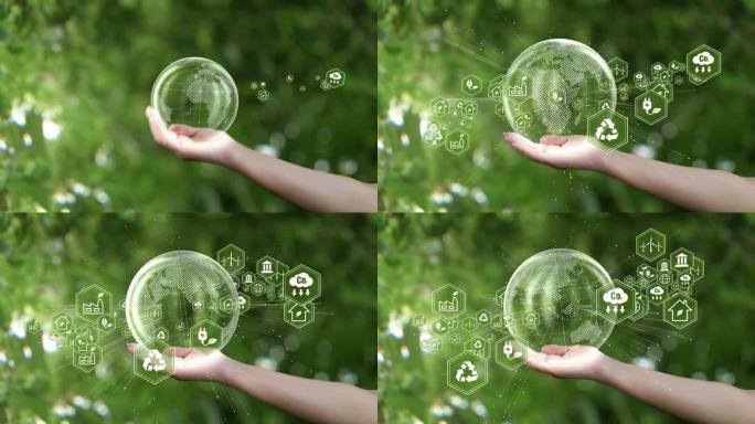 生态图标概念。ESG环境、社会和治理。拯救地球在人类手中绿色背景。