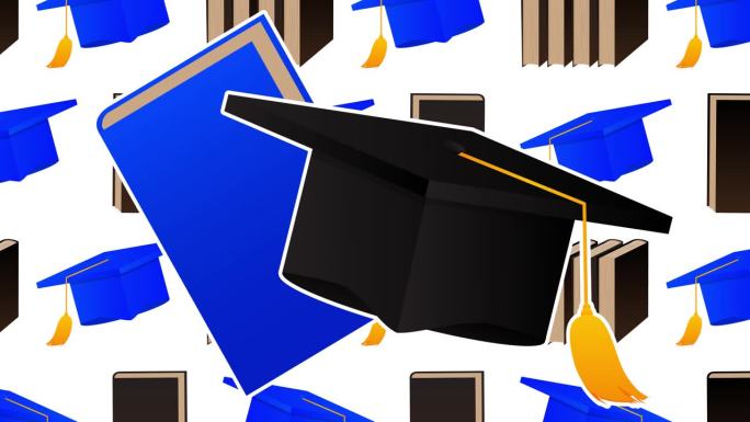 毕业帽配书动画。教育概念视频。