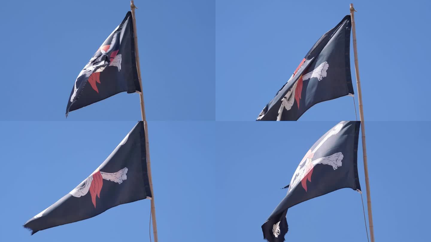 醒目的黑色海盗旗，装饰着传统的骷髅和交叉骨，4k慢动作60fps