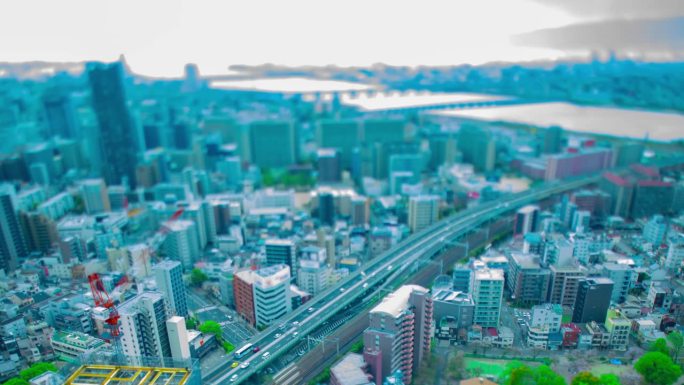 大阪Yodo河附近的微缩城市景观的延时镜头
