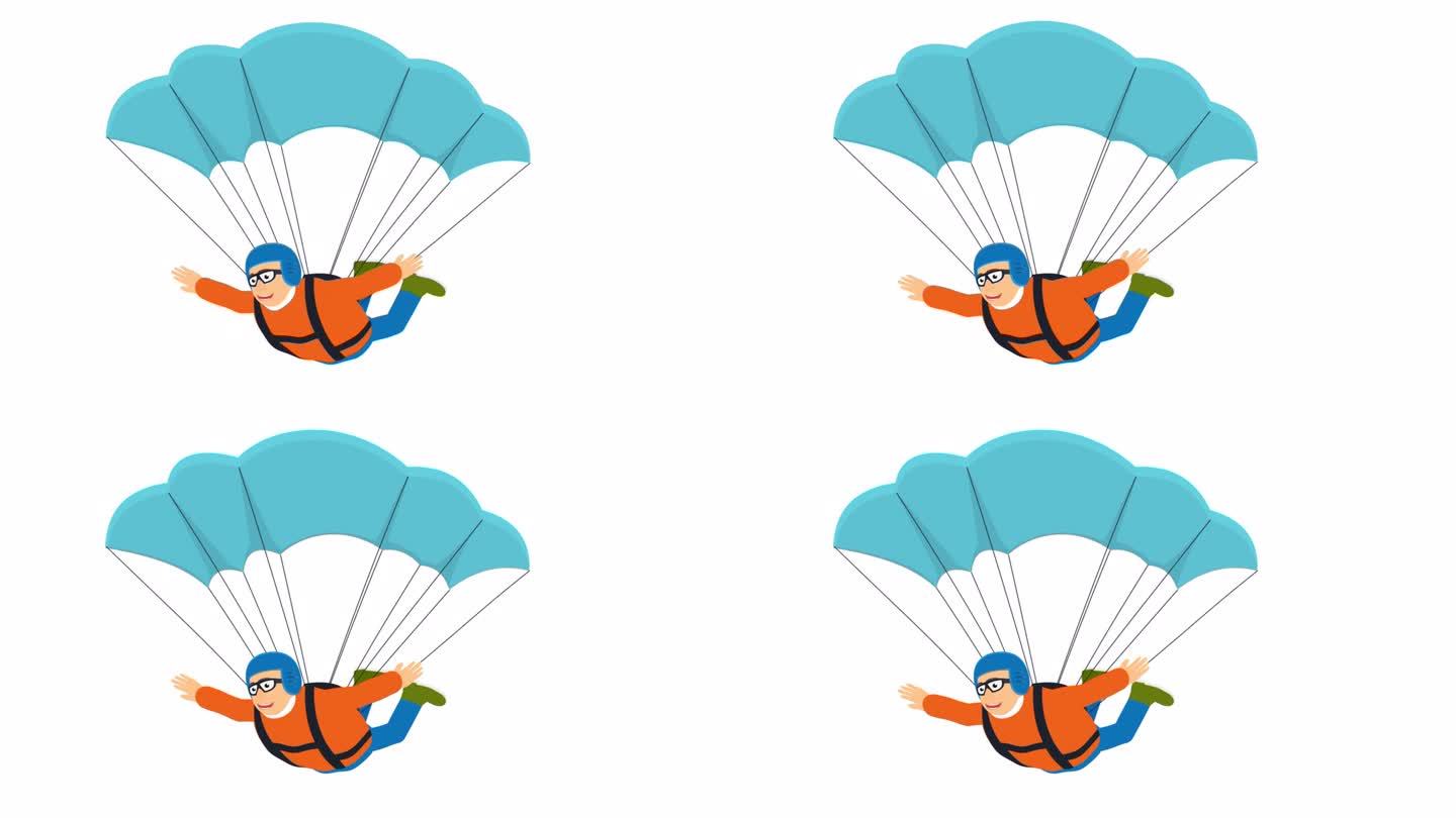 伞兵。一名伞兵带着降落伞跳伞的动画。卡通
