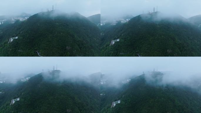城市中雾和云的电信天线鸟瞰图，连接技术概念