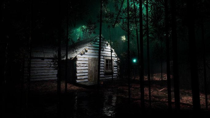 夜雨落在竹林小屋上