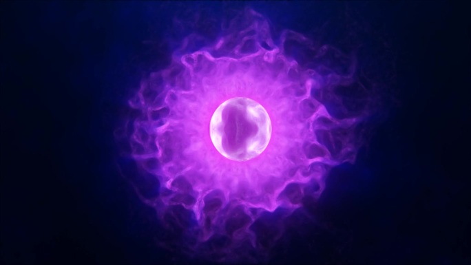 紫色能量球具有发光明亮的粒子，原子具有电子和电的魔力场科学的未来高科技的抽象背景