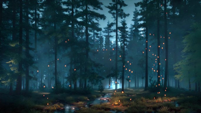 夜冷杉林中超自然的魔法灯